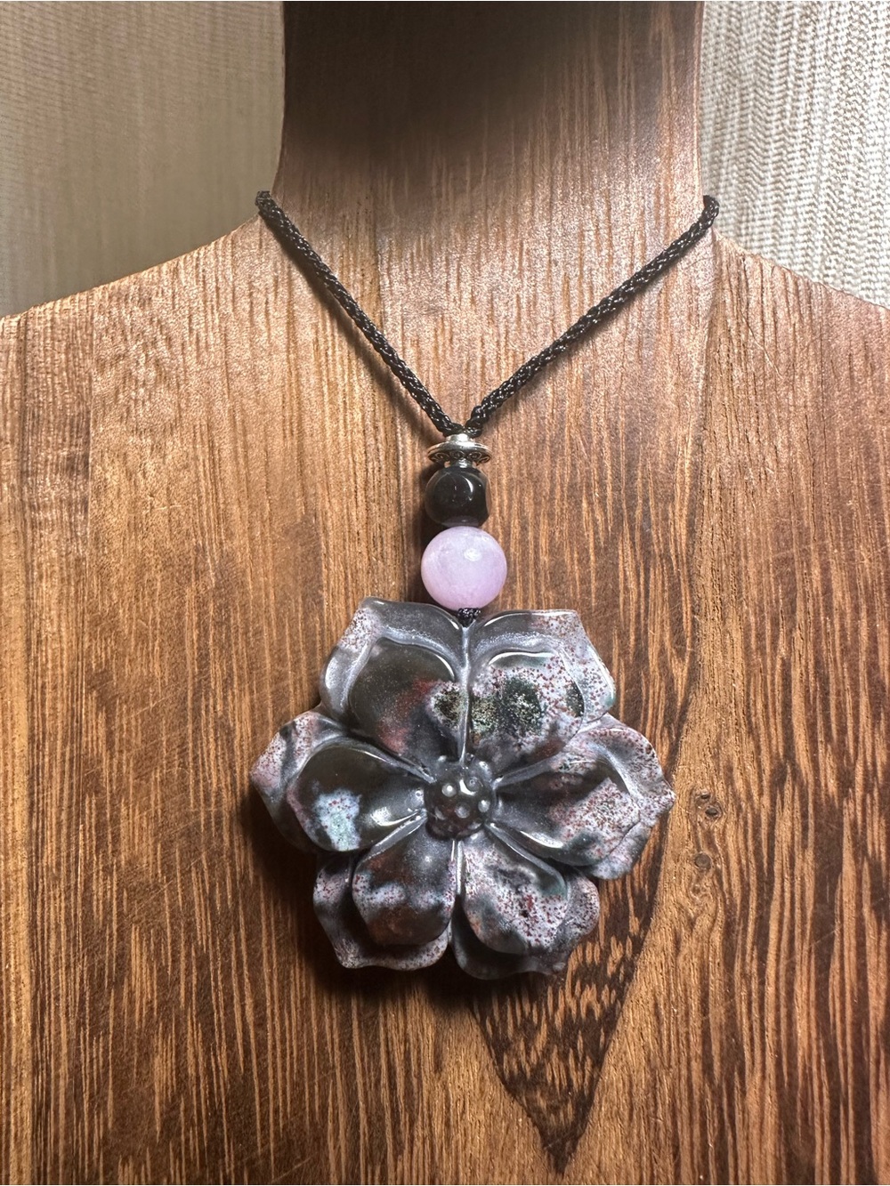 Ocean Jasper Pendant Necklace with Kunzite on Thin Black Adjustable Rope - Picture 5 of 16